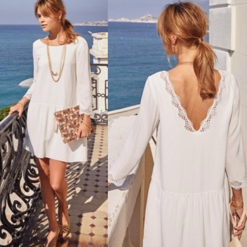 Sezane 100% Silk Cassy Dress Ecru White Size 42 French US 10 Lace Minimal Bride